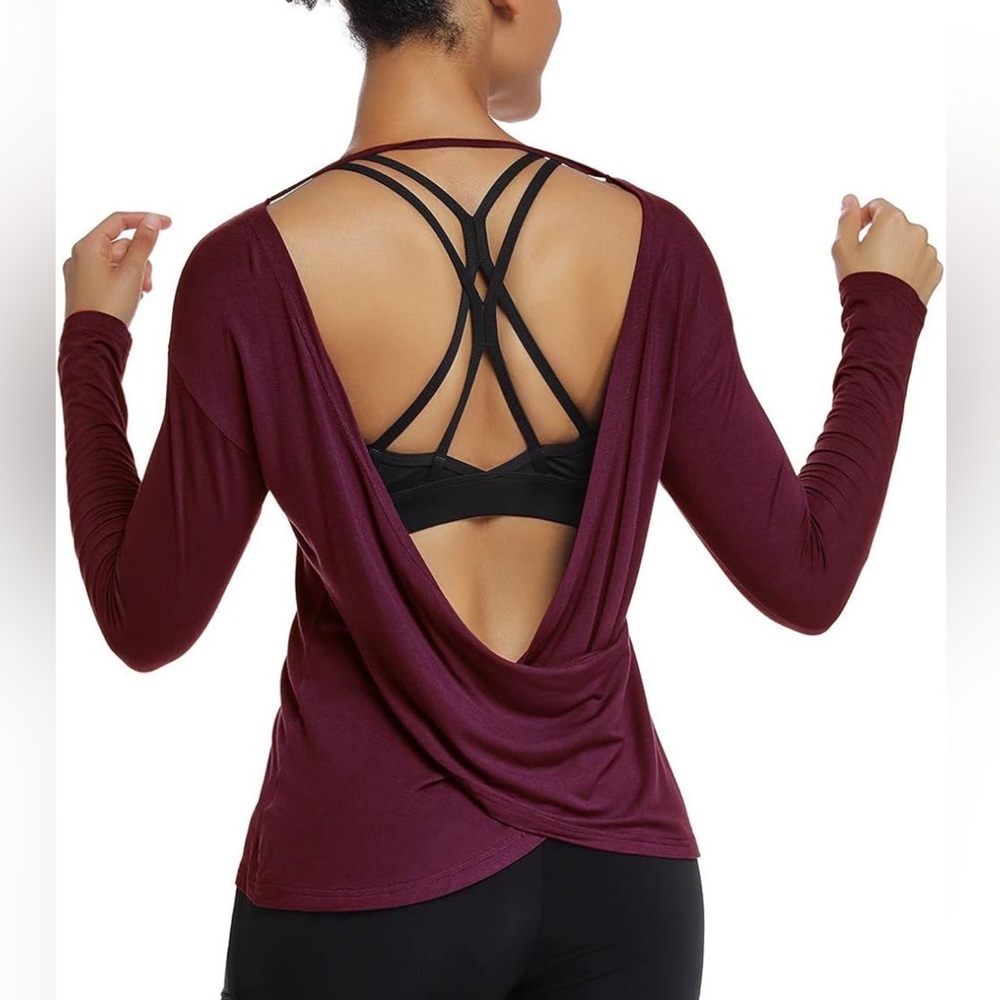 Burgundy Open-Back Drape Long Sleeve Top – Size L